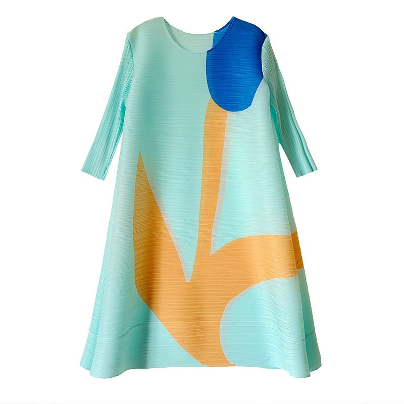 Miyake Pleated Printed Three-Quarter Sleeves Midi Dress