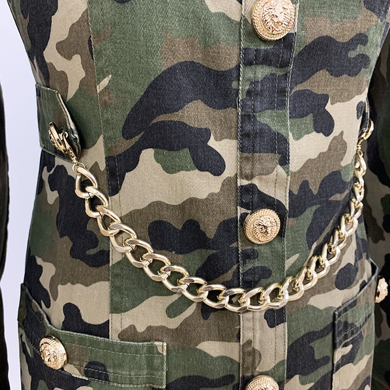 Camouflage Chain Detail Long Sleeve Mini Dress