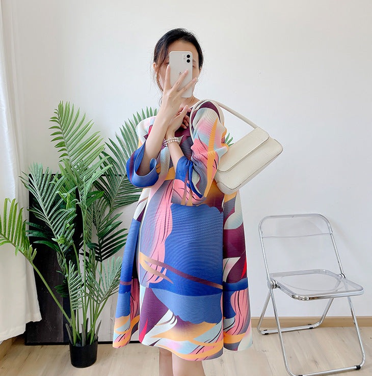 Miyake Pleated Printed Bell Sleeve Mini Dress