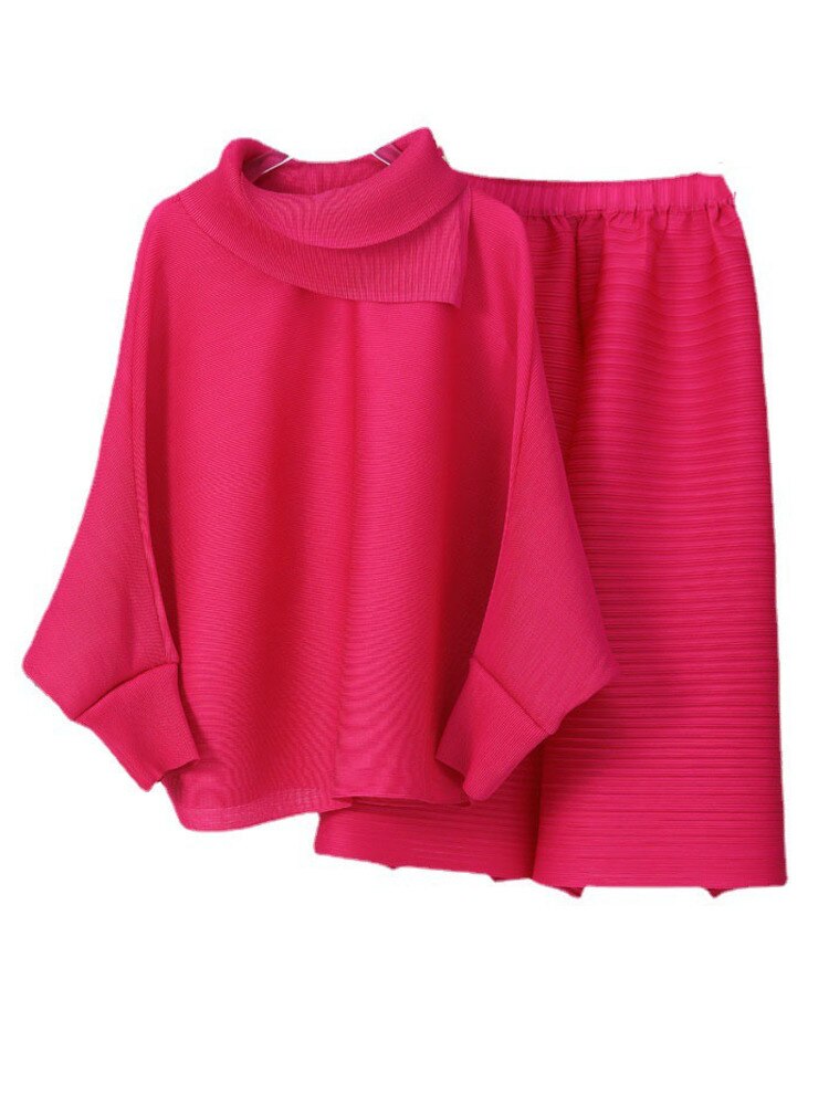 Miyake Pleated Long Sleeve Top and Wide Leg Pants Set