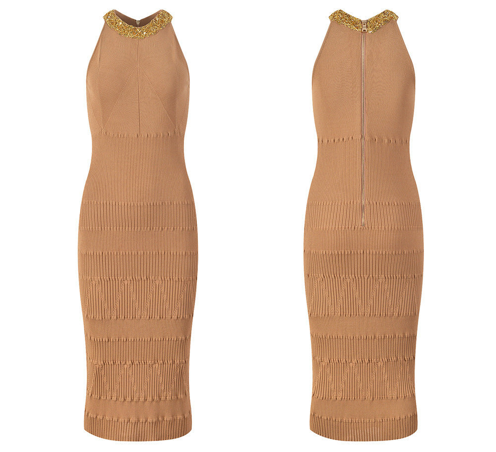 Sequin Beaded Collar Round Neck Sweater Dress