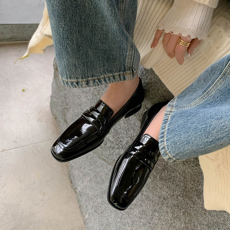 Glossy Square Toe Low Heel Loafers