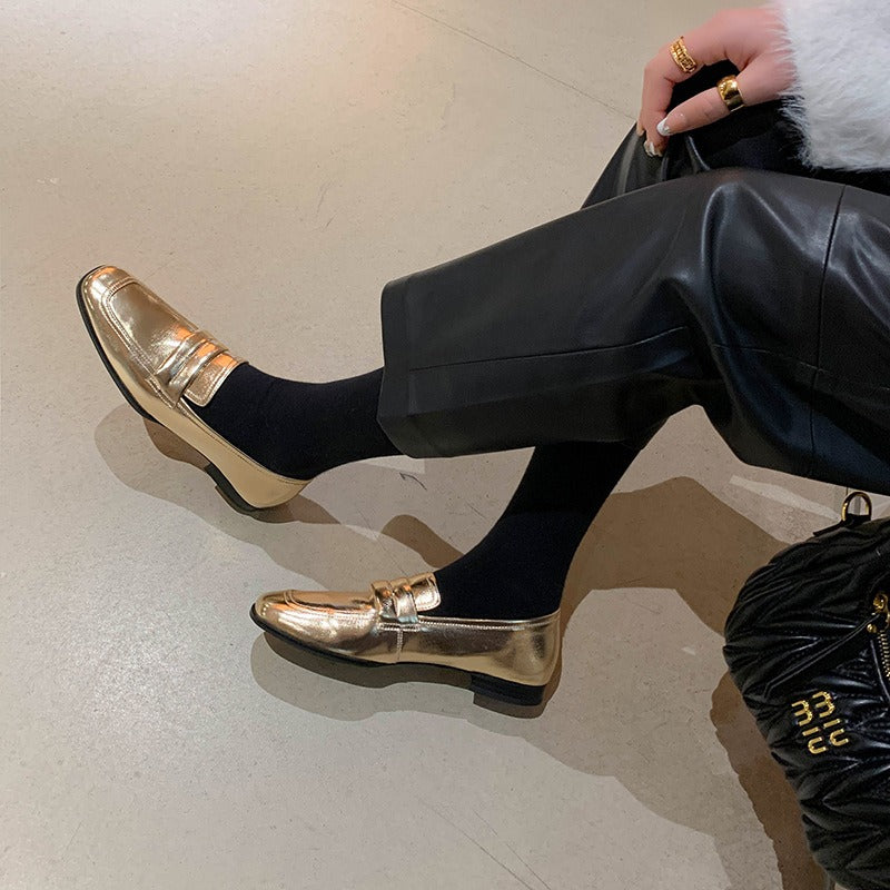 Glossy Square Toe Low Heel Loafers