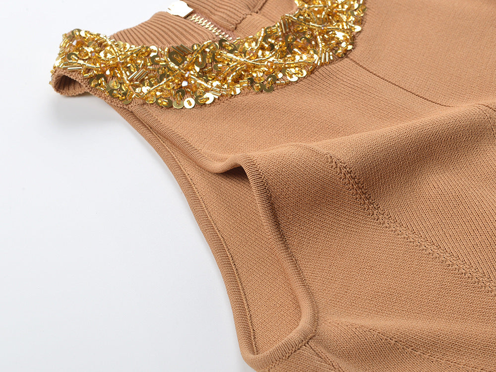 Sequin Beaded Collar Round Neck Sweater Dress