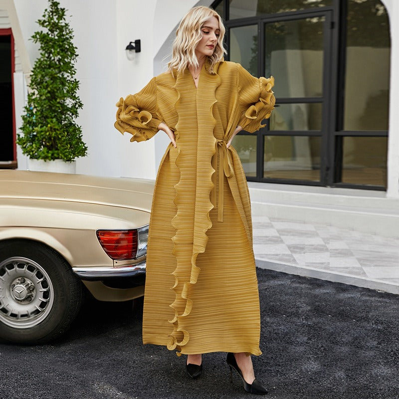 Miyake Pleated Petal Sleeve Ruffled Maxi Dress