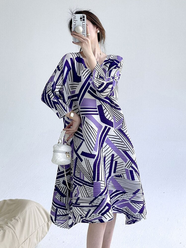 Miyake Pleated Round Neck A-Line Midi Dress