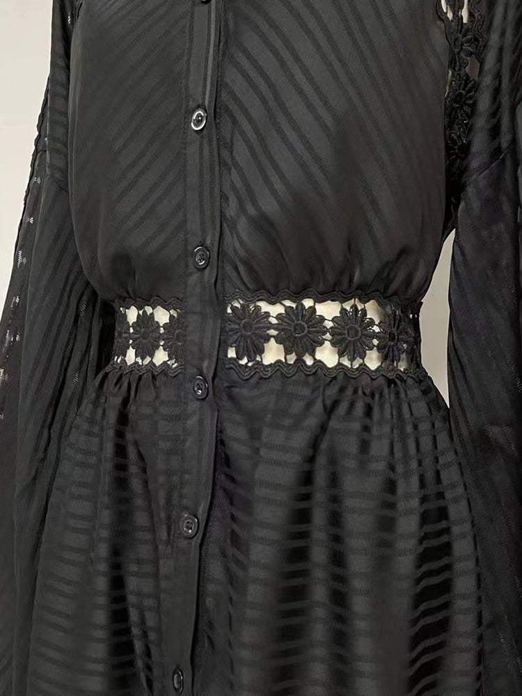 Embroidery Lantern Sleeve Openwork Maxi Dress