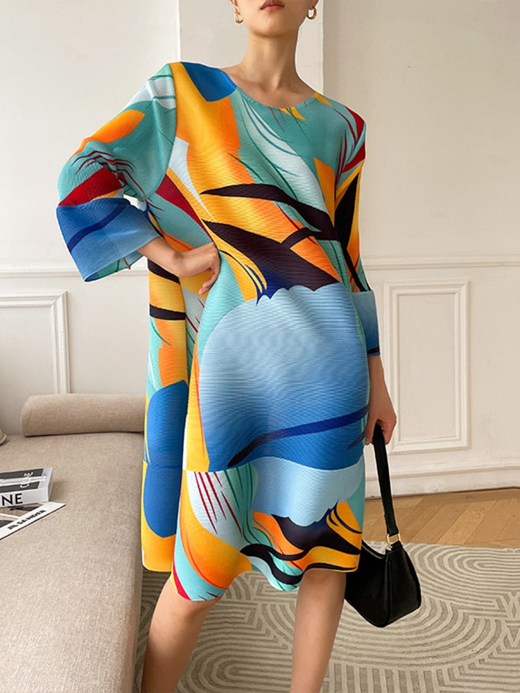 Miyake Pleated Printed Bell Sleeve Mini Dress