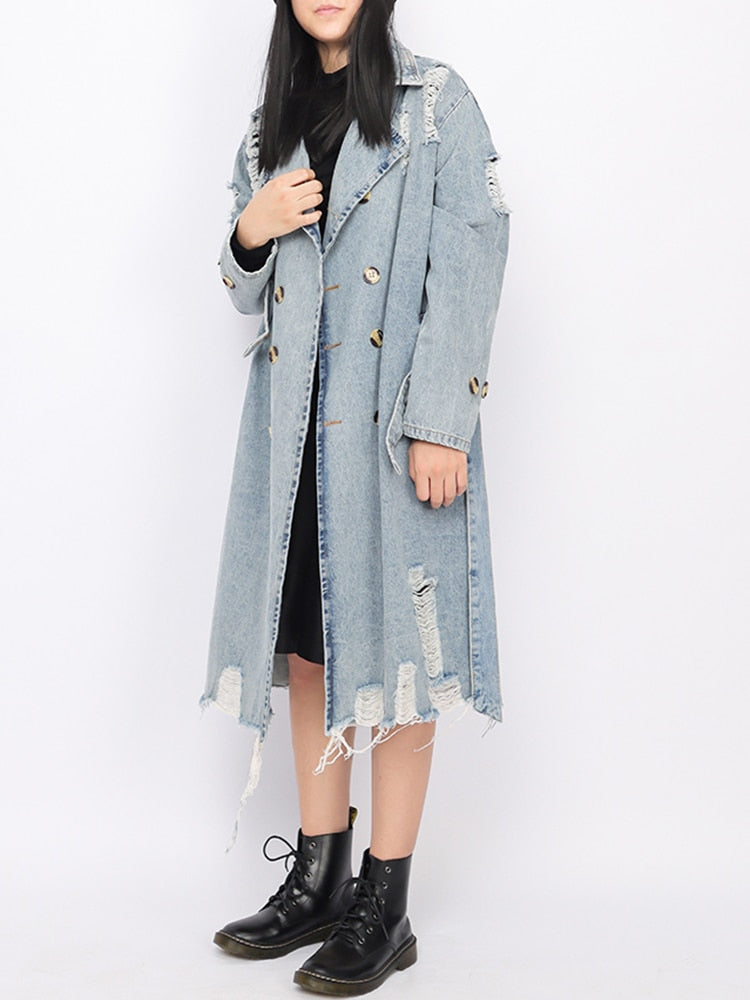 Double-Breasted Hollow Out Denim Trench Coat