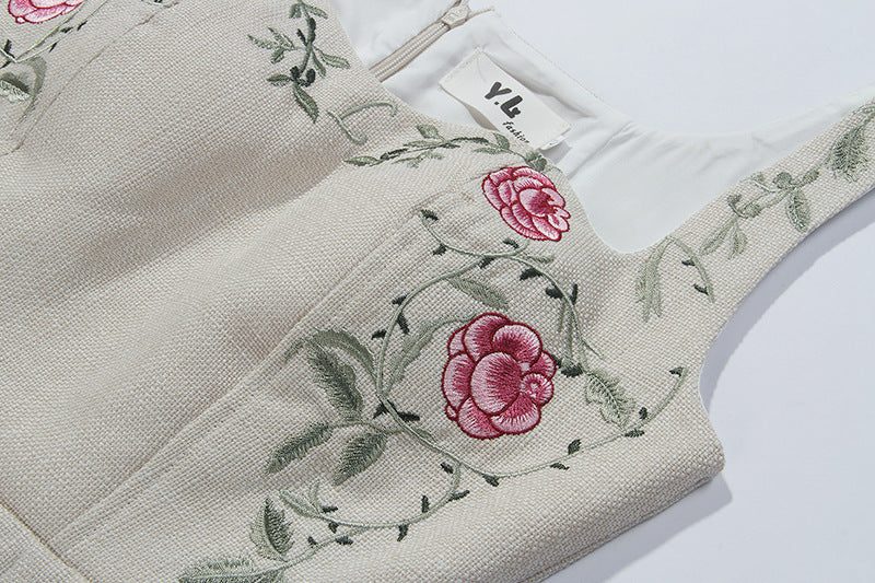 Floral Embroidery Spaghetti Strap Midi Dress