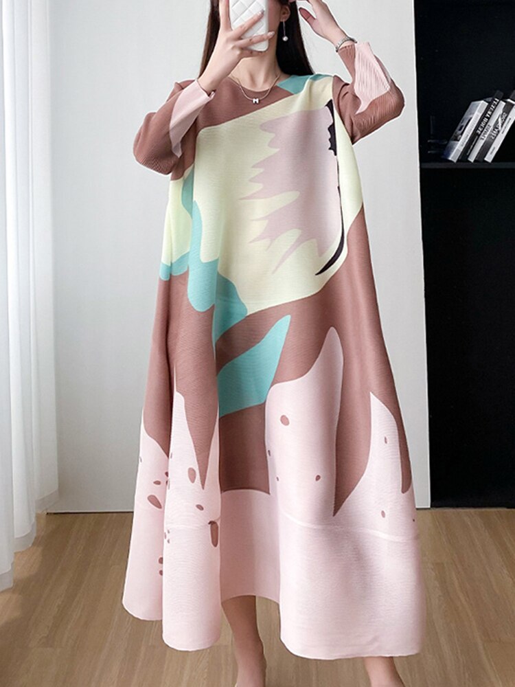 Miyake Pleated Round Neck A-Line Dress