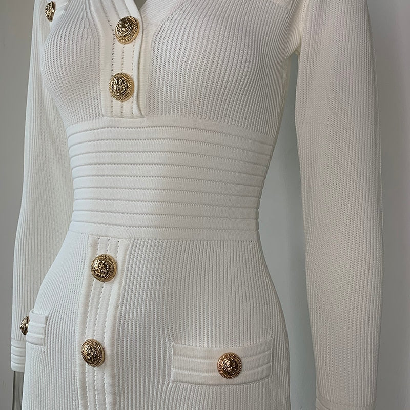 Gold Decorative Buttons Long Sleeve Mini Sweater Dress