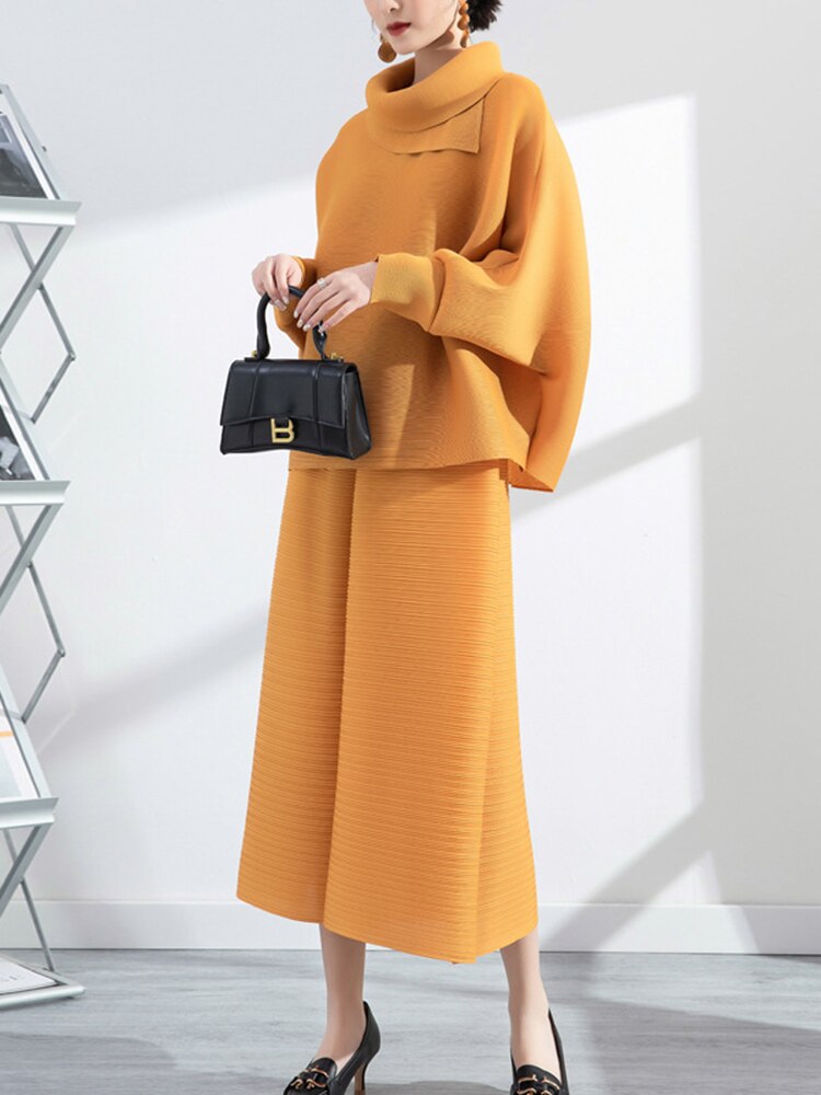 Miyake Pleated Long Sleeve Top and Wide Leg Pants Set