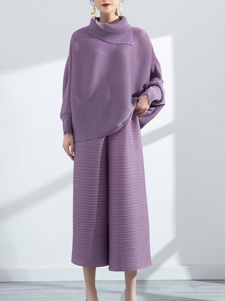 Miyake Pleated Long Sleeve Top and Wide Leg Pants Set
