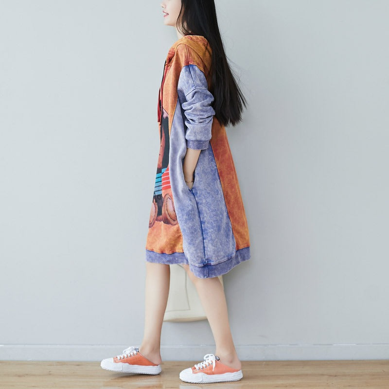 Contrast Cartoon Print Hooded Knitted Denim Dress