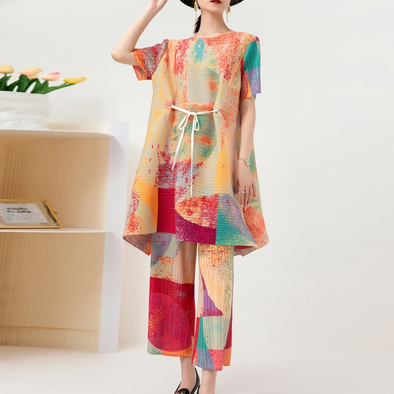 Miyake Pleated Tie-Waist Top and Wide Leg Pants Set