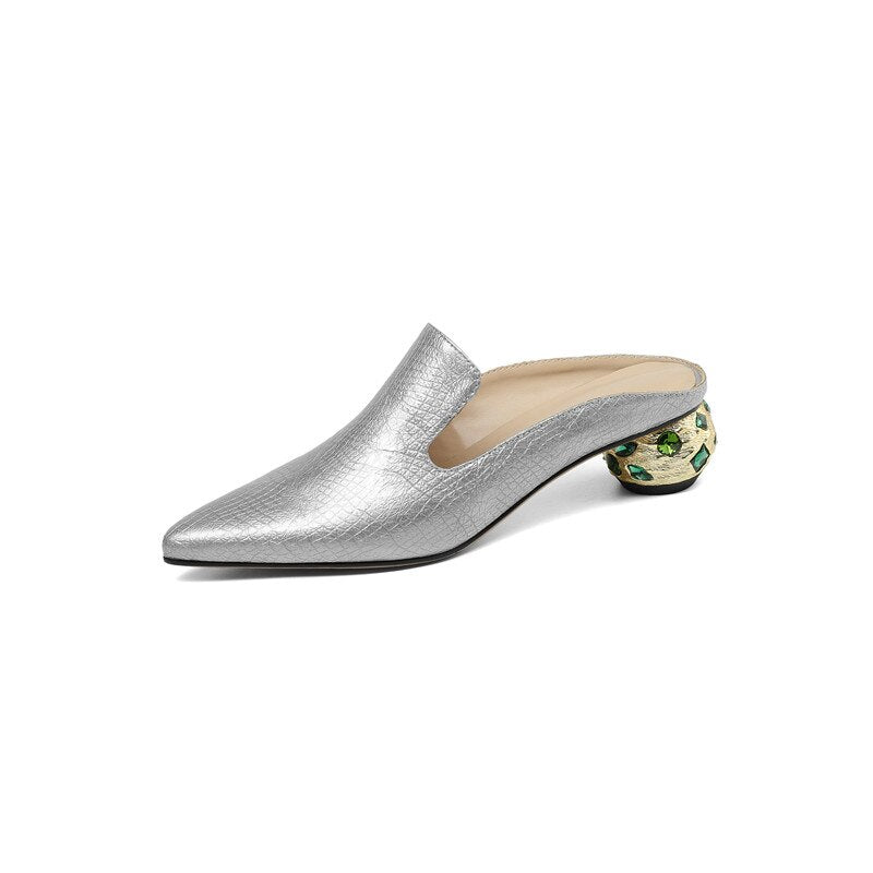Genuine Leather Rhinestone Pointed Toe Crystal Pumps