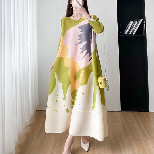 Miyake Pleated Round Neck A-Line Dress