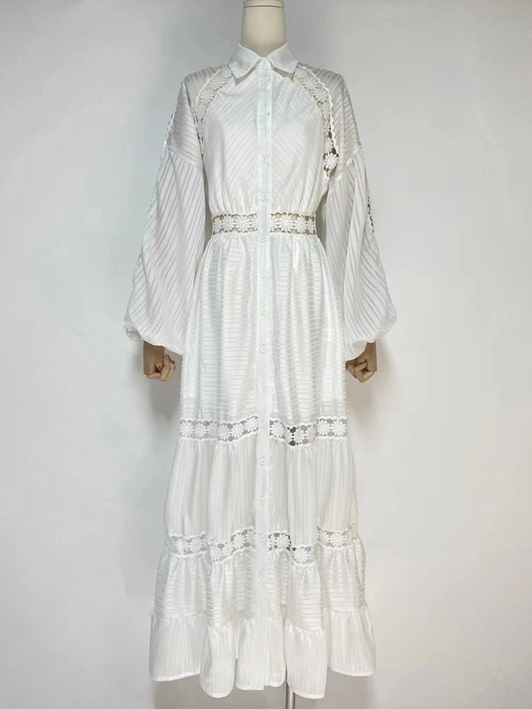 Embroidery Lantern Sleeve Openwork Maxi Dress