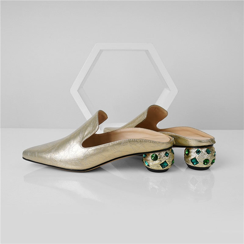 Genuine Leather Rhinestone Pointed Toe Crystal Pumps