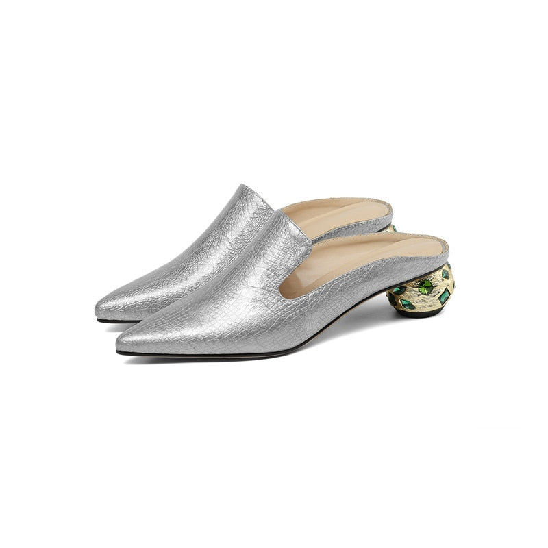 Genuine Leather Rhinestone Pointed Toe Crystal Pumps