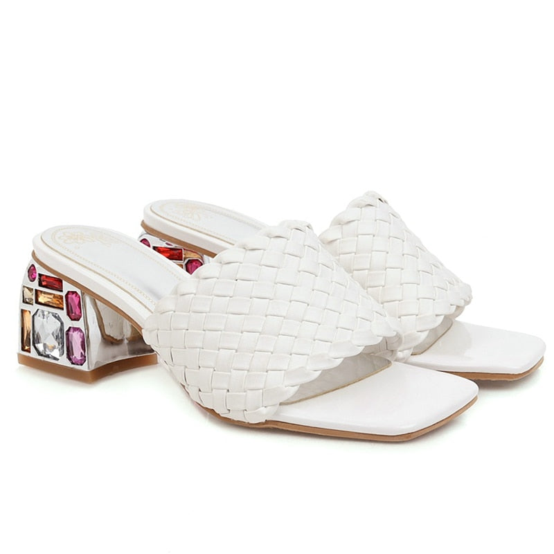 Open Toe Braided Rhinestones Chunky Heel Sandals