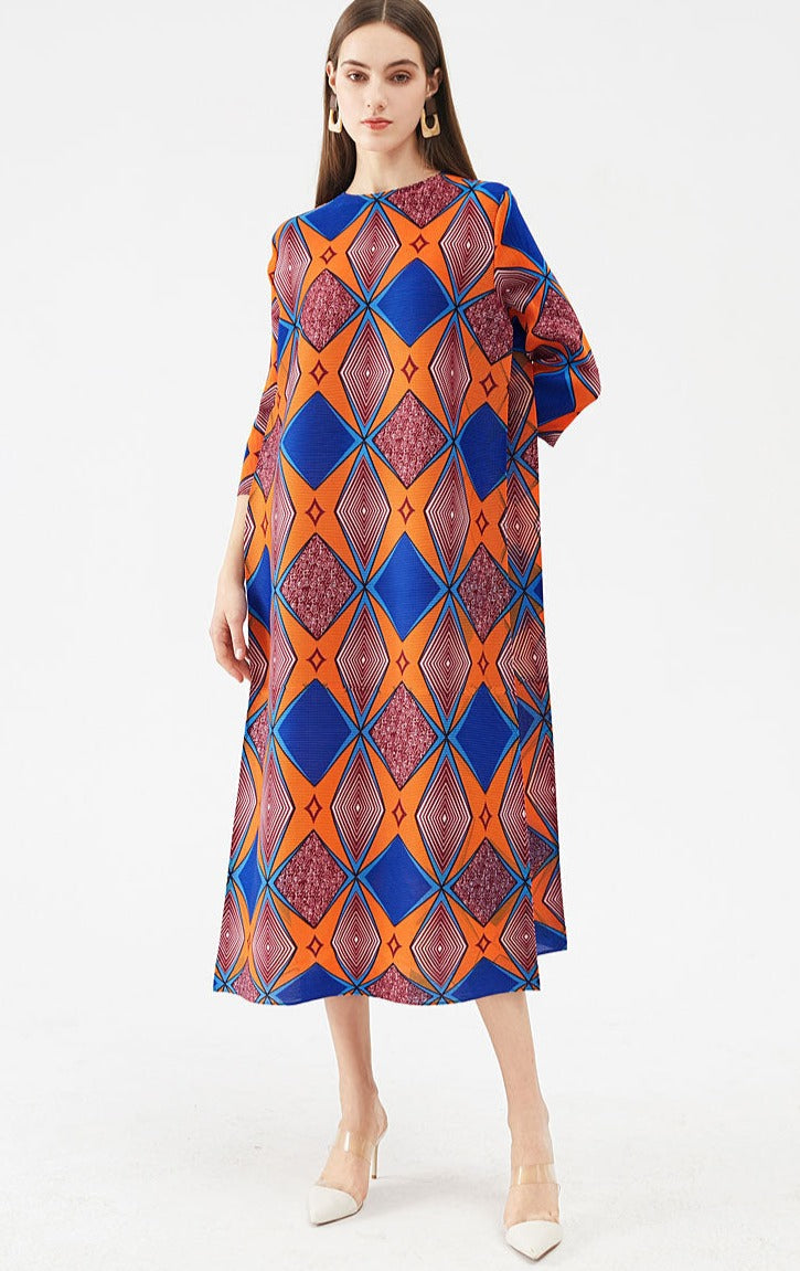 Miyake Pleated Geometric Print Midi Dress