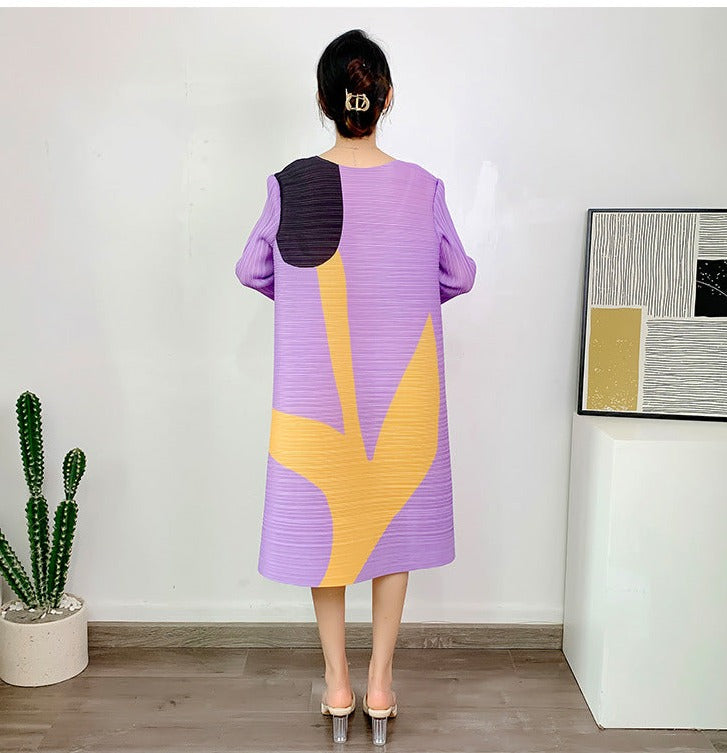 Miyake Pleated Printed Three-Quarter Sleeves Midi Dress
