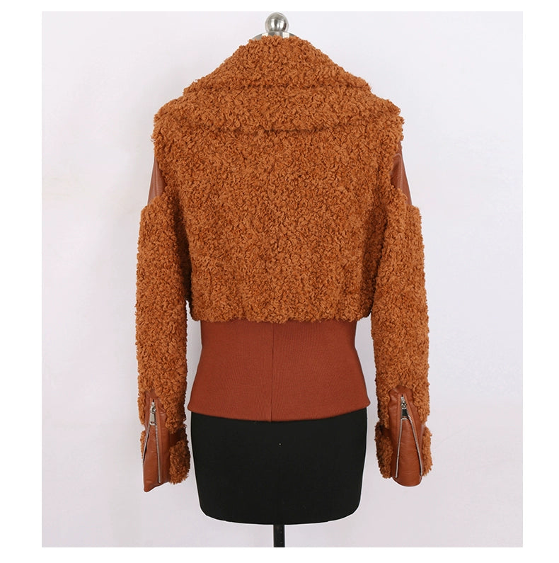 PU Leather Patchwork Faux Fur Fluffy Jacket