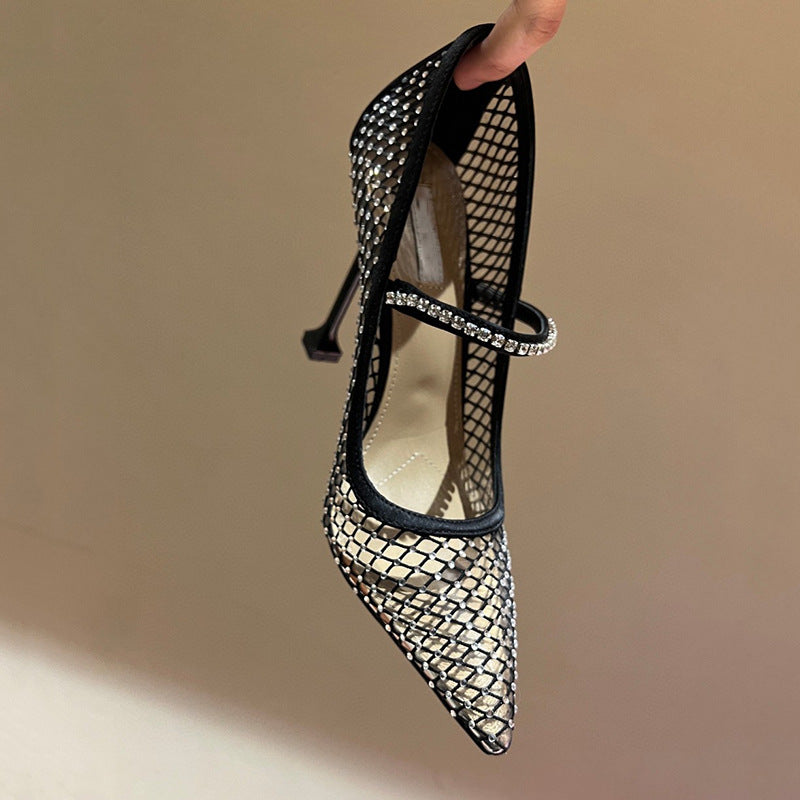 Rhinestones Mesh Pointed Toe High Heel Shoes