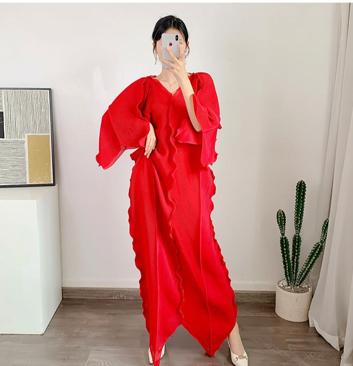 Miyake Pleated Irregular Hem Dress with Belt