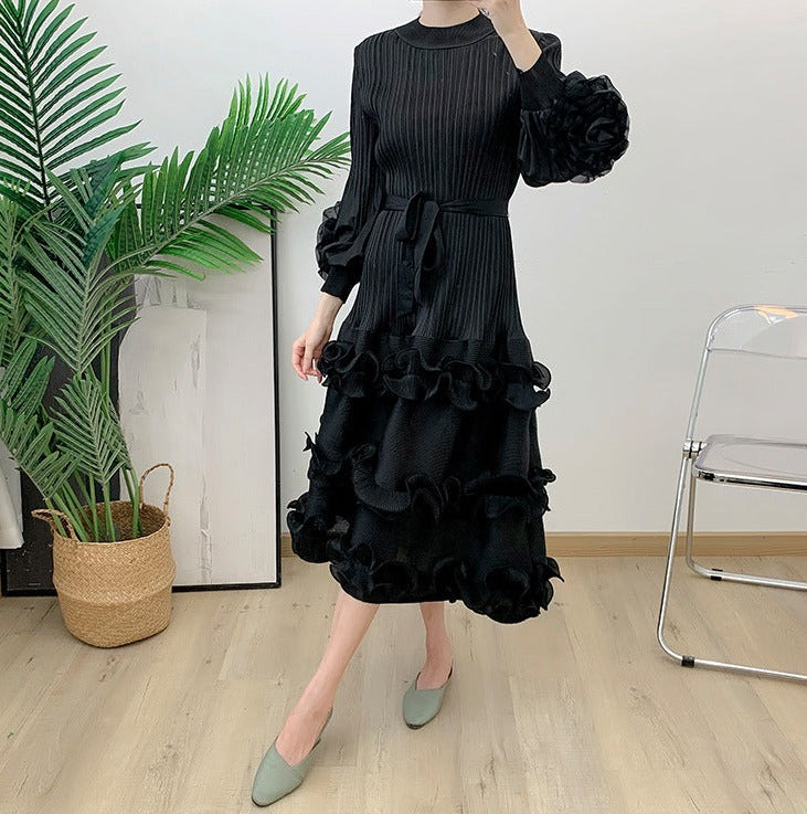 Miyake Pleated Lace Up Midi Dress
