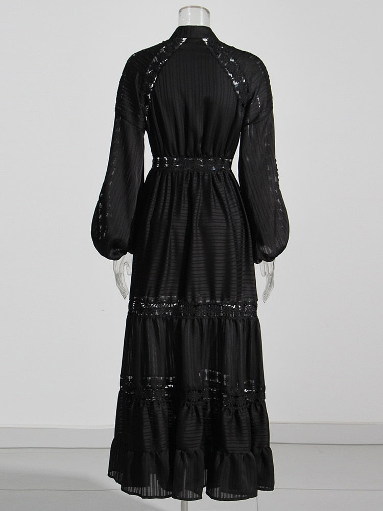 Embroidery Lantern Sleeve Openwork Maxi Dress
