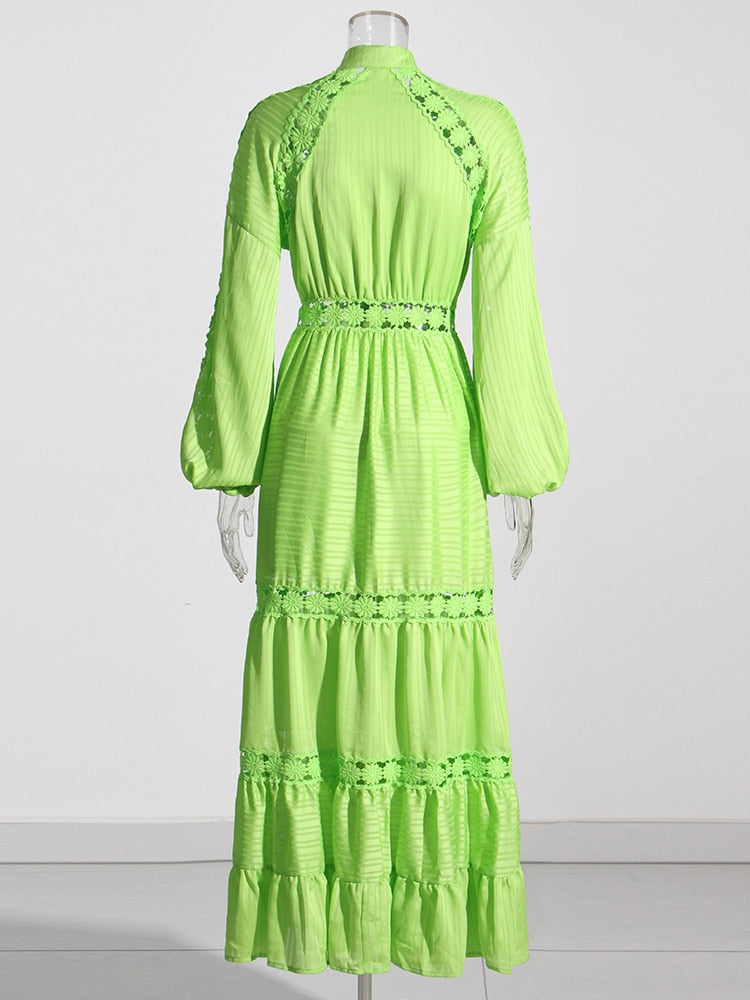 Embroidery Lantern Sleeve Openwork Maxi Dress