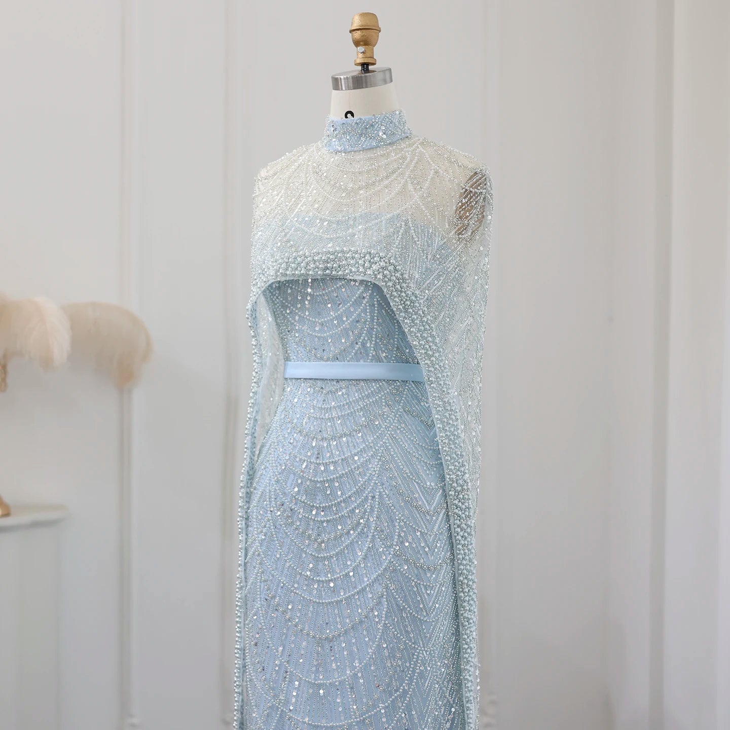 Beaded Strapless Floor-Length Dress with Cape