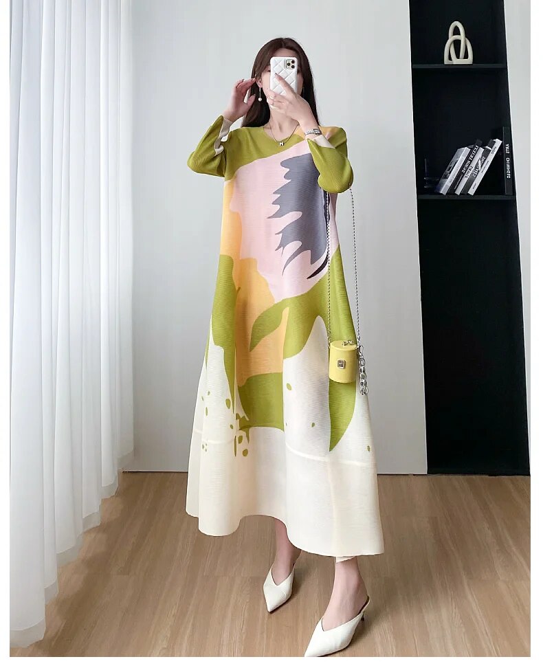 Miyake Pleated Round Neck A-Line Dress