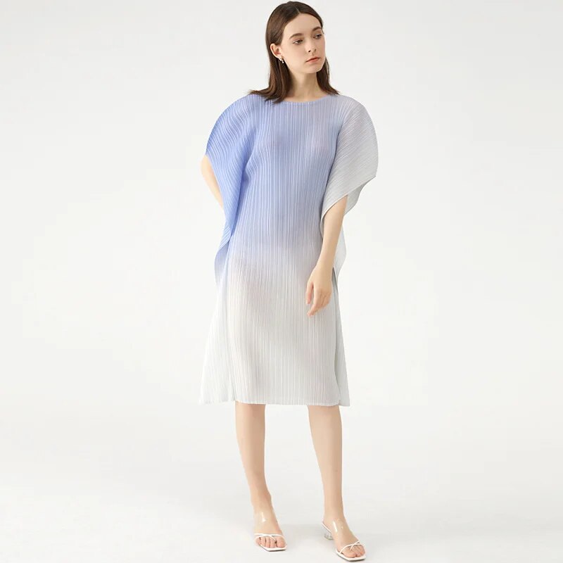 Miyake Pleated Gradient Batwing Sleeve Dress