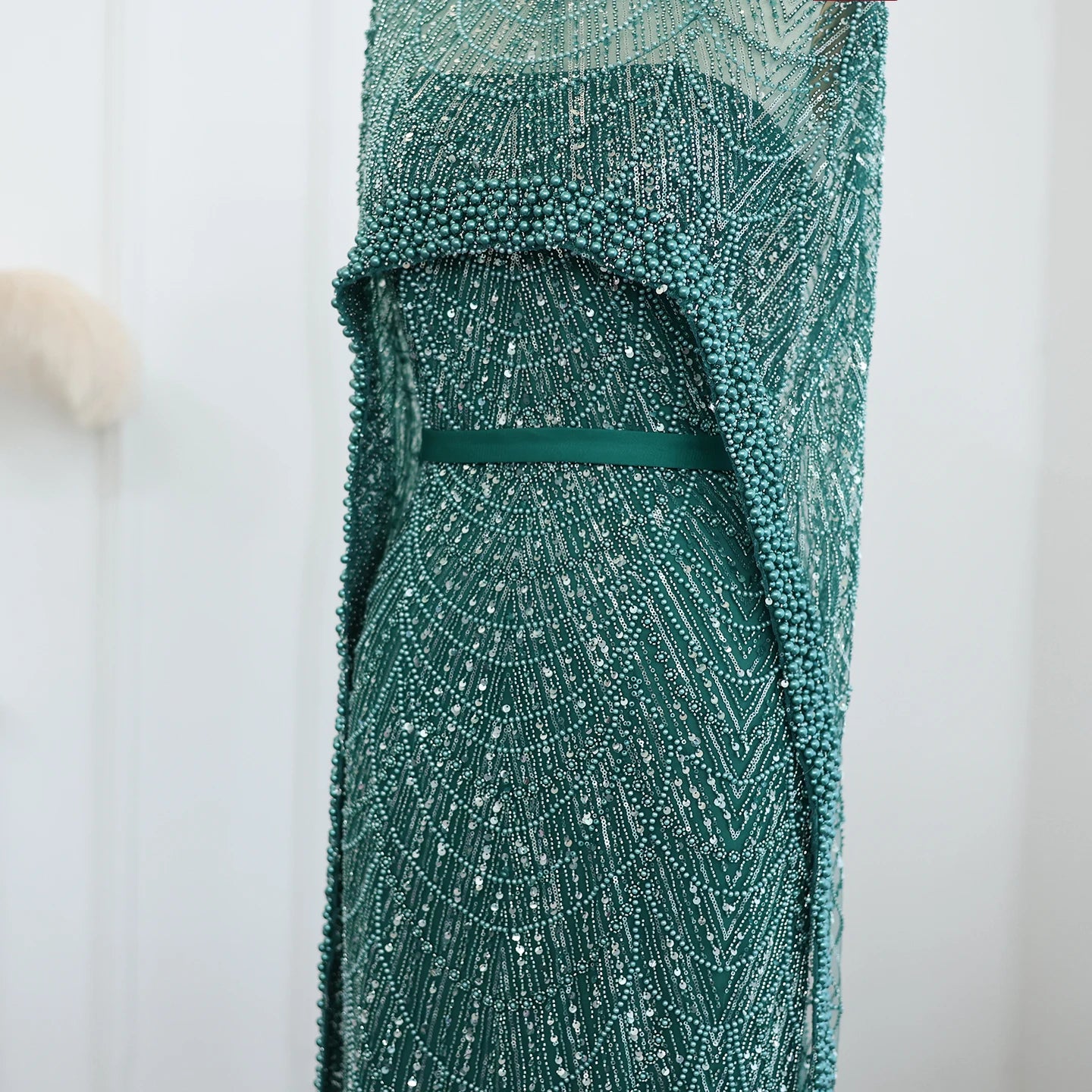 Beaded Strapless Floor-Length Dress with Cape