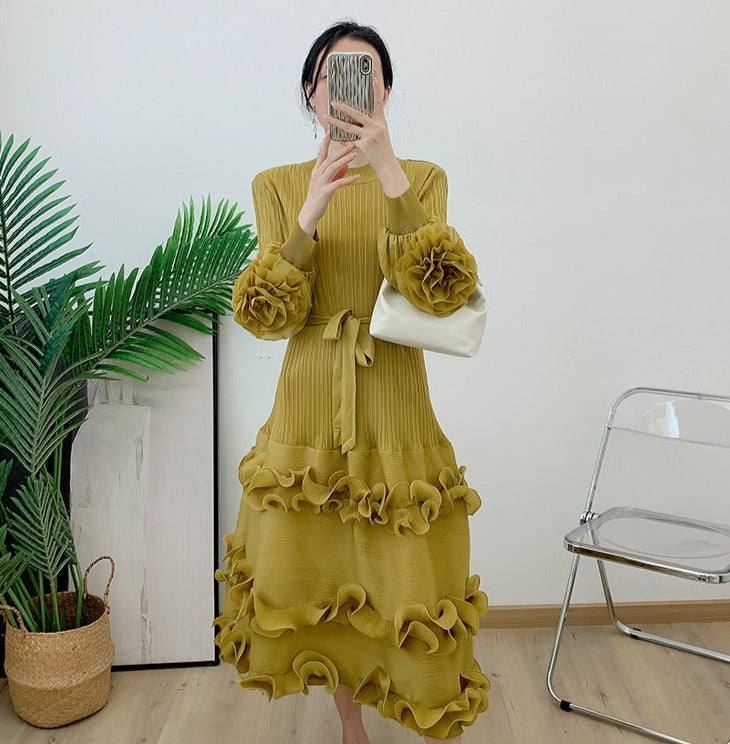 Miyake Pleated Lace Up Midi Dress