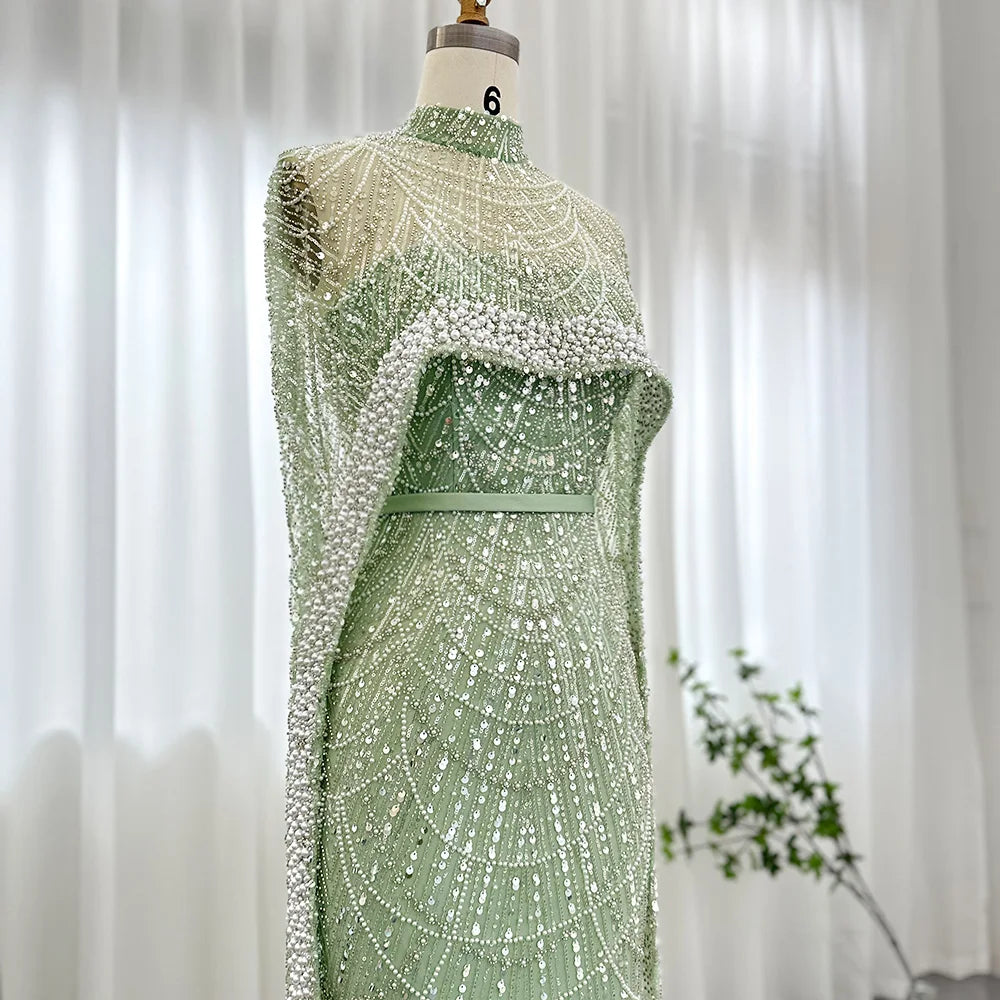 Beaded Strapless Floor-Length Dress with Cape