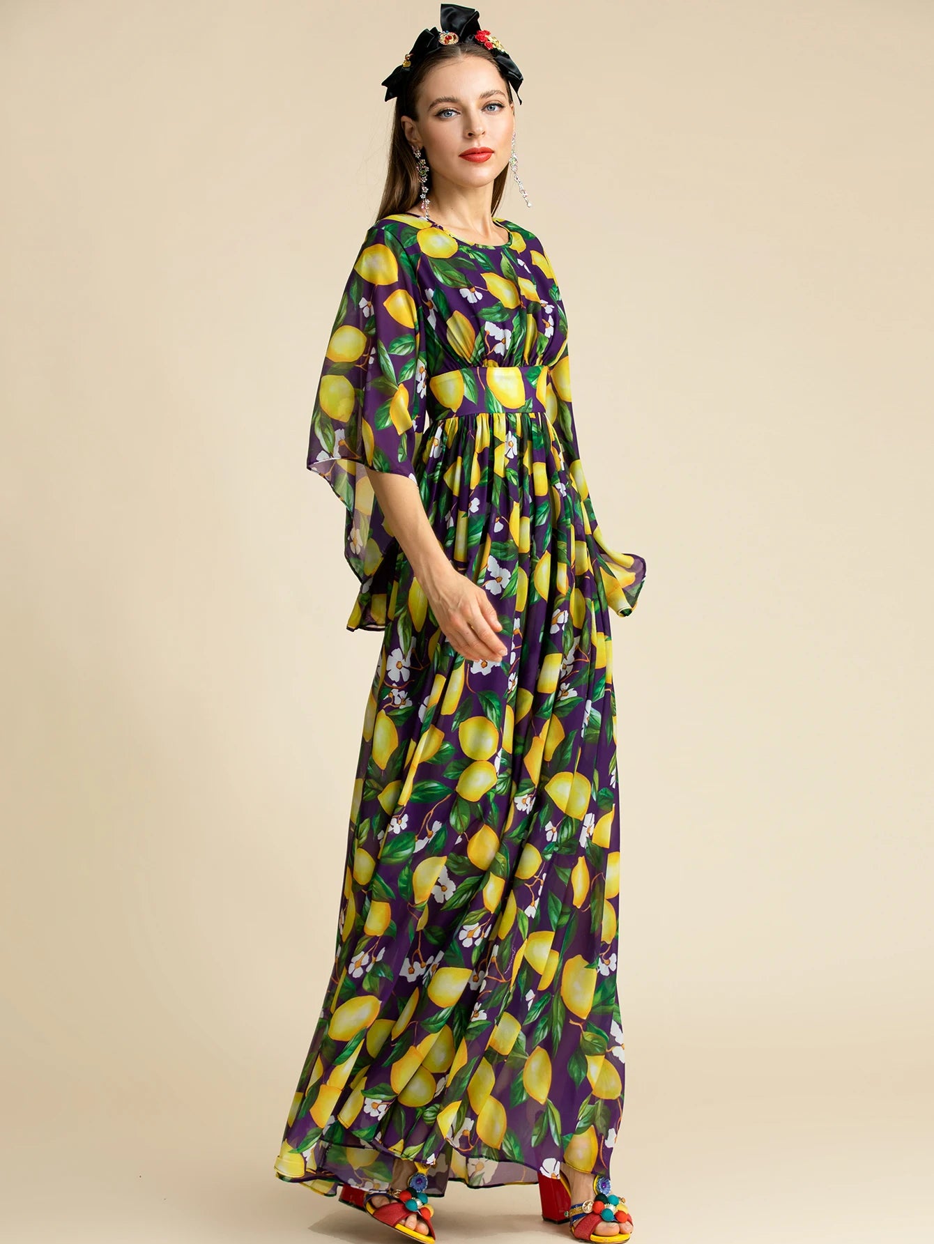 Bohemian Lemon Print Backless Maxi Dress