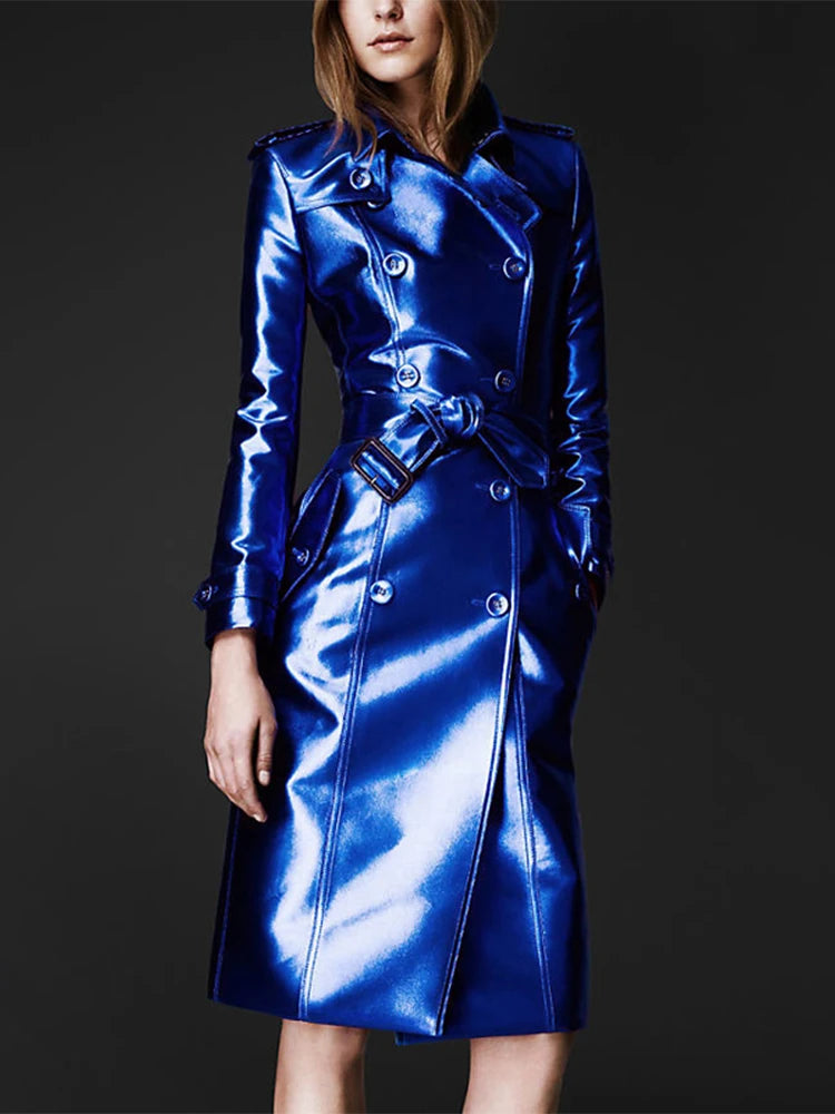 Shiny Double-Breasted Trench Coat