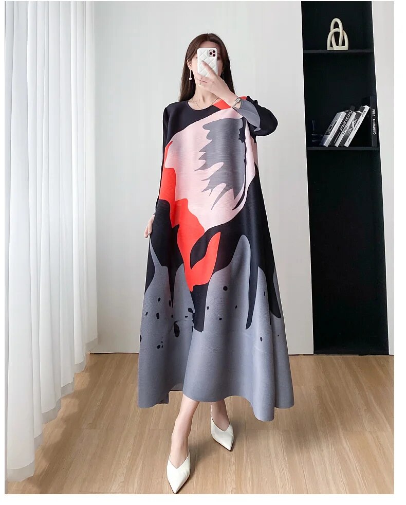 Miyake Pleated Round Neck A-Line Dress
