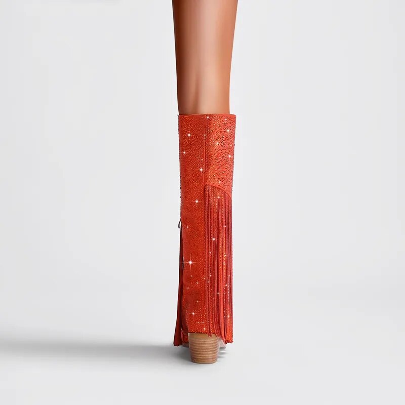 Rhinestone Fringe Square Heel Boots