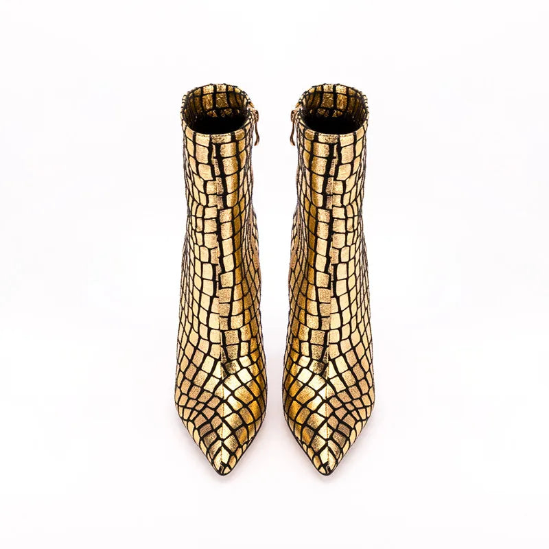 Shiny Checkered Pointed Toe High Heels Ankle-Boots