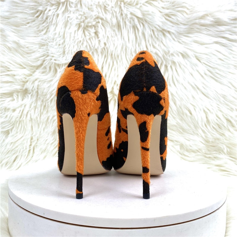 Cow Print Hairy Flock Stiletto Pumps in Orange