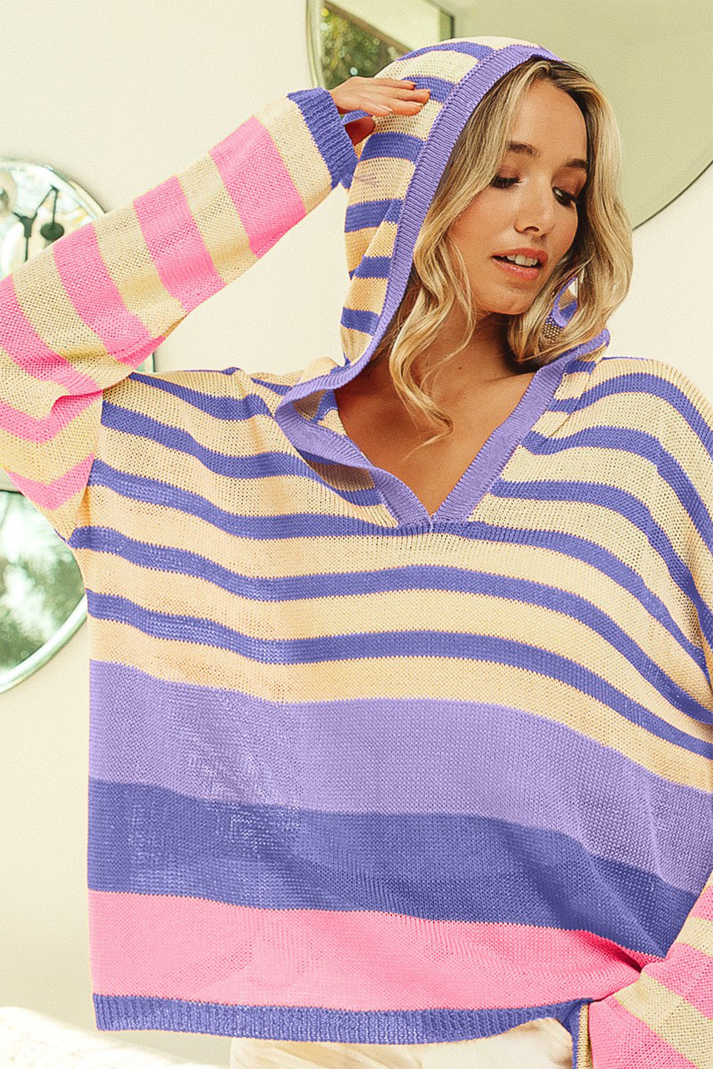 Striped Color Block Hooded Knit Top
