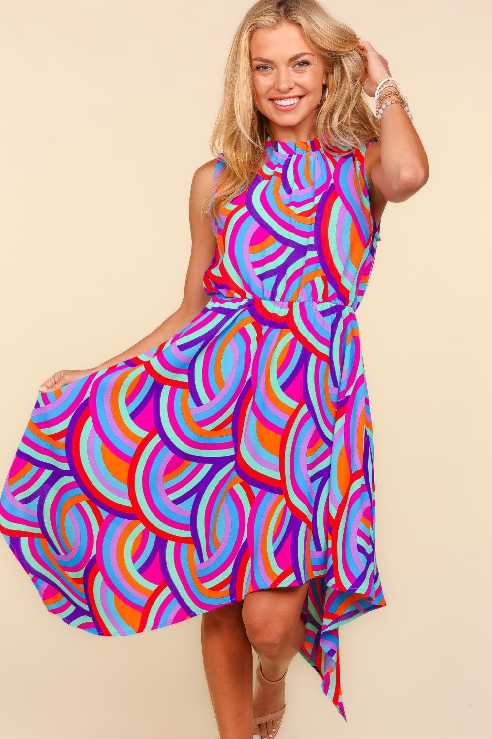 Mock Neck Sleeveless Printed Dress
