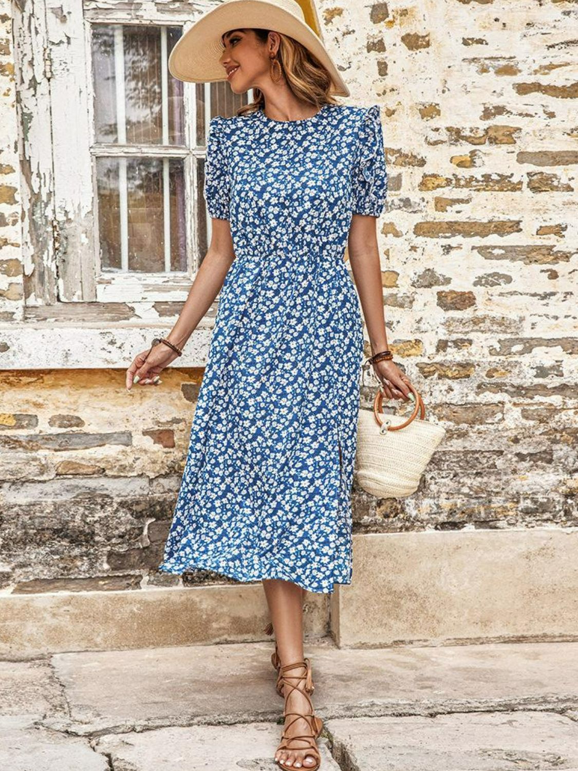 Woman wearing Blue Floral Midi Dress