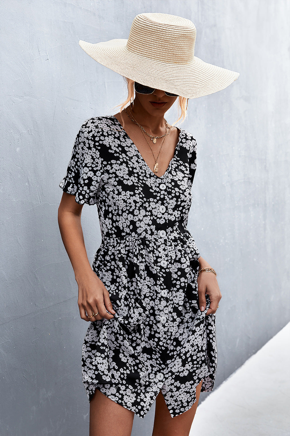 Printed Button Down Pocketed Dress